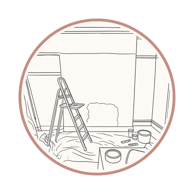 Ilustración de una habitación en obras, con escalera y botes de pintura.